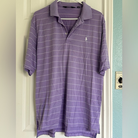 Polo Golf Ralph Lauren Purple Striped Shirt Large Men's Great Shape Short Sleeve - Picture 1 of 4